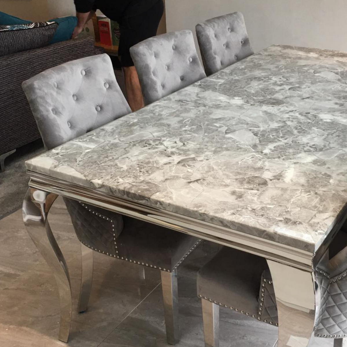 Louis 150cm Grey Marble Dining Table + 6 Dark Grey Chairs