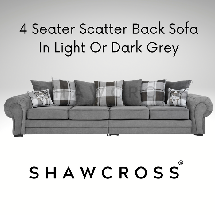SASHA 4 SEATER GREY FABRIC SOFA SCATTER BACK WITH STAGS ON CUSHION