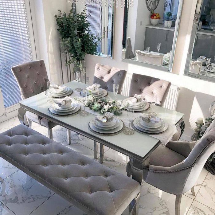 Louis Glass Dining Set With Cheshire Chairs & Bench In Grey Plush Velvet