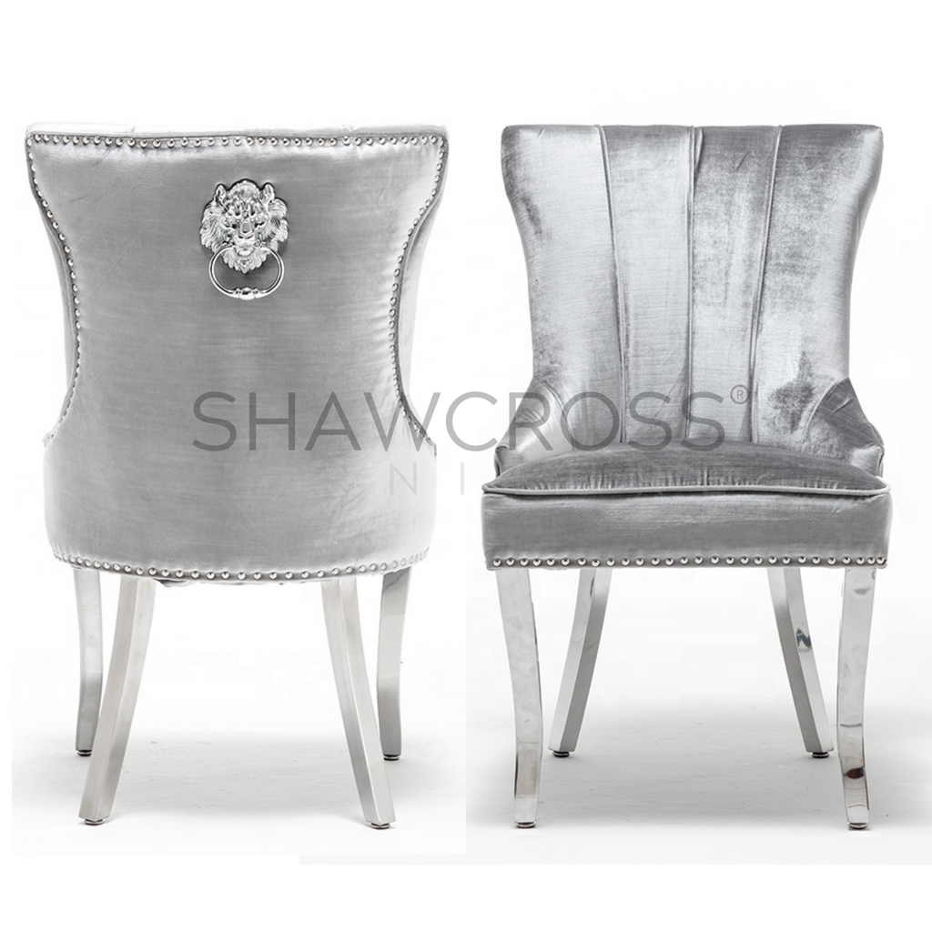 WILMSLOW LION KNOCKER DINING CHAIR IN SHIMMER PEWTER PLUSH FABRIC