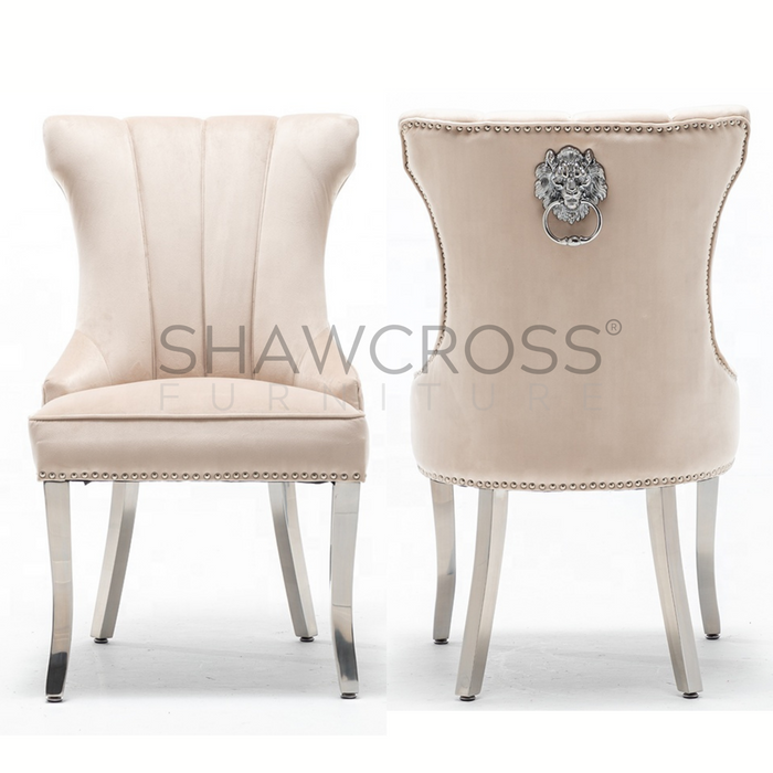 WILMSLOW LION KNOCKER DINING CHAIR IN PLUSH BEIGE FABRIC