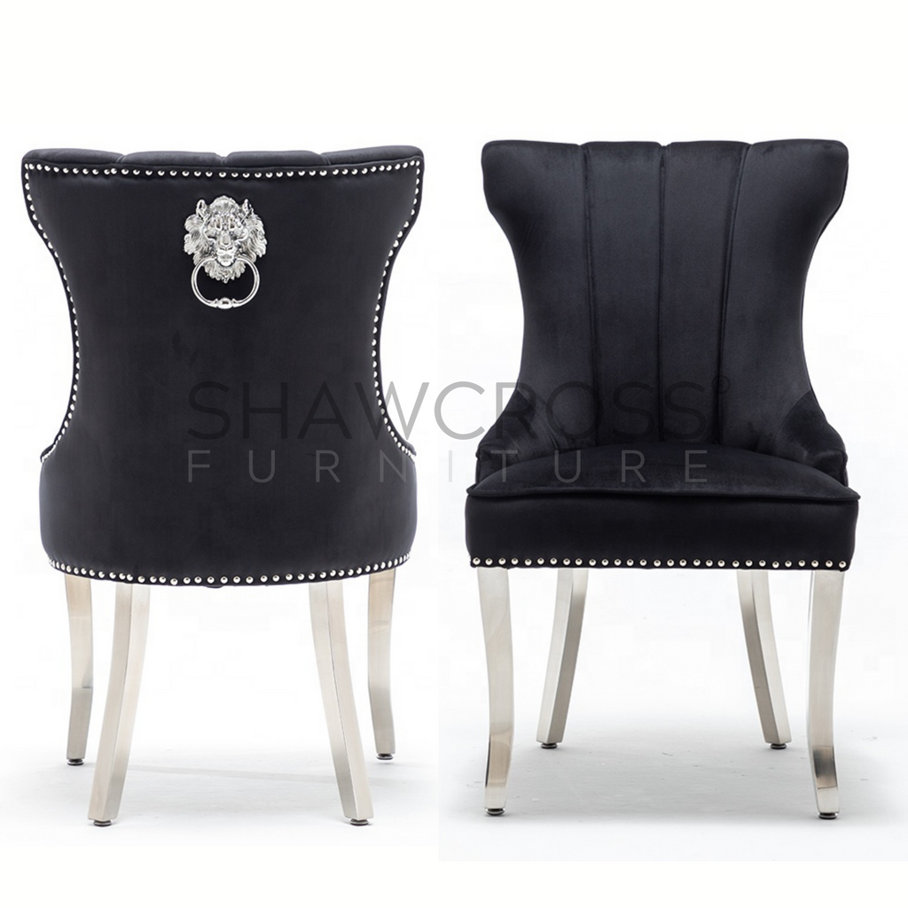WILMSLOW LION KNOCKER DINING CHAIR IN BLACK PLUSH FABRIC