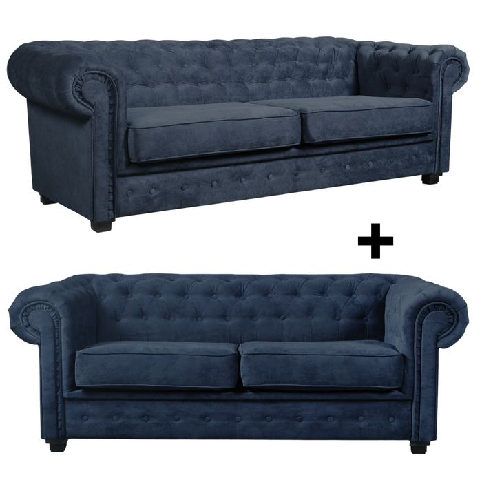 Grande Chesterfield 3 Seater, 2 Seater, Single Chair And Footstool Sofas In Navy Blue Cotton Fabric