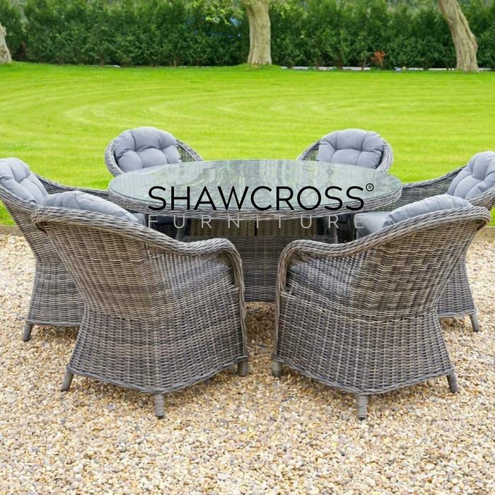 RATTAN ROUND GARDEN SET WITH 6 CHAIRS INCLUDING GLASS TOP TABLE
