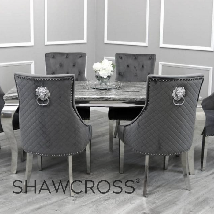 Louis Marble 1.8m , 1.5m or 1.2m Dining Table With Bentley Quilted Velvet Knocker Chairs