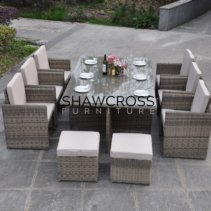 RATTAN GARDEN SET 10 SEATER CHAIRS INCLUDING GLASS TOP TABLE