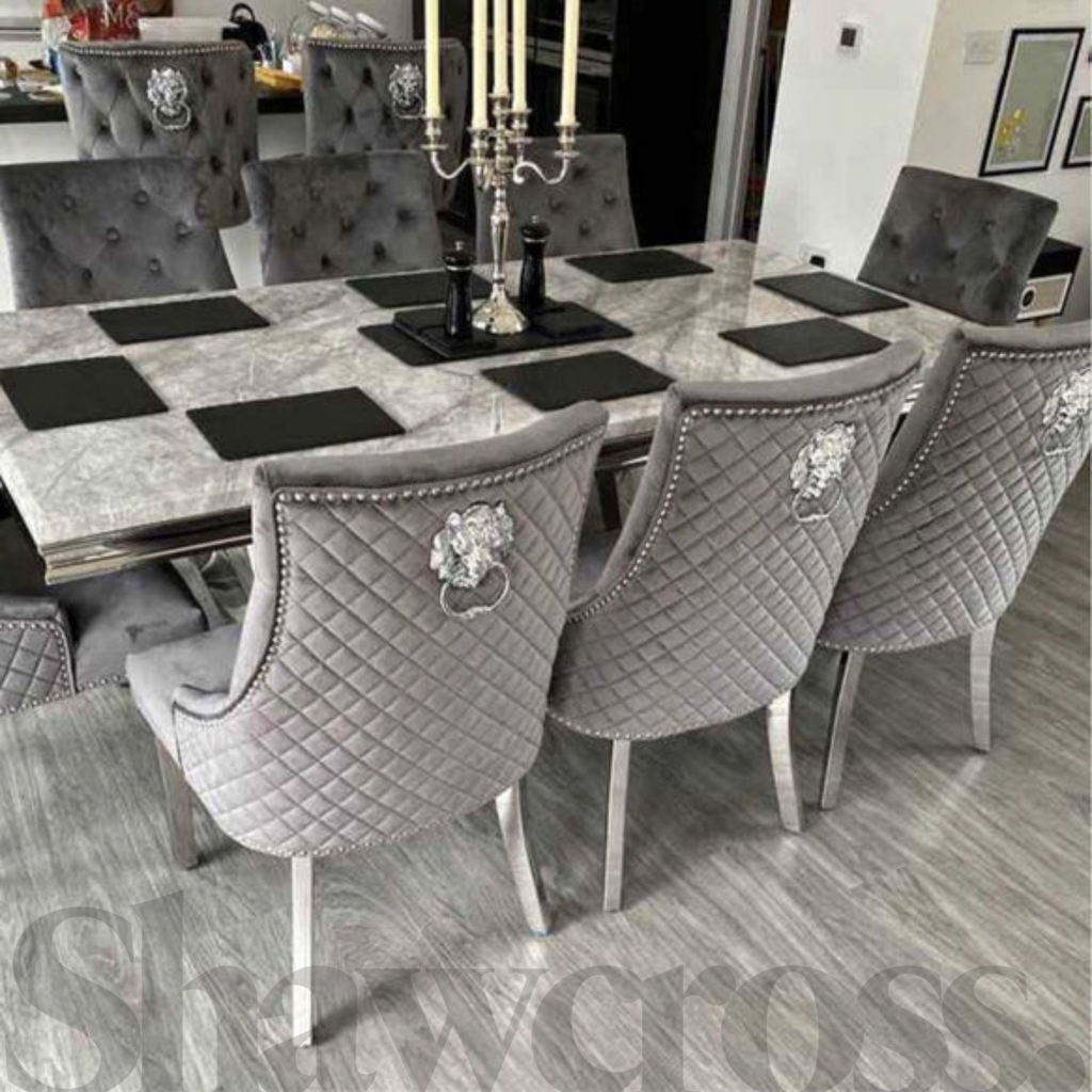 Denver Marble 2 Metre Dining Table With 8 Velvet Quilted Lion Dining Chairs